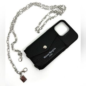Maison Margiela Black Textured iPhone 13pro Case Silver Chain Crossbody Wallet